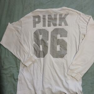 PiNK‎ Victoria's Secret. White Long Sleeve Shirt with Silver Glitter Design Sz.L